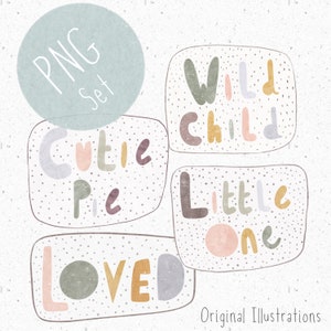 Set von 4 PNGs für Sublimation Kinder Zitate Clipart Bunte Wortlaut PNG Set Neue Baby Clipart Wildes Kind PNG für Aufkleber Transfers PNG