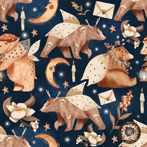Midnight Seamless Pattern for fabric Bear Pattern Space repeating pattern Fantasy seamless Cottagecore pattern Forest seamless woodland