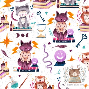 May include: A seamless pattern featuring a whimsical mix of magical elements, including owls, cats, wolves, potions, and a crystal ball. The background is a white with a speckled texture. The pattern is perfect for fabric, wallpaper, or wrapping paper.