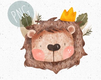 PNG para sublimación, cabeza de león PNG, ropa infantil PNG, archivo PNG de león, clipart de león, clipart de animales de la selva, uso comercial PNG, Safari PNG