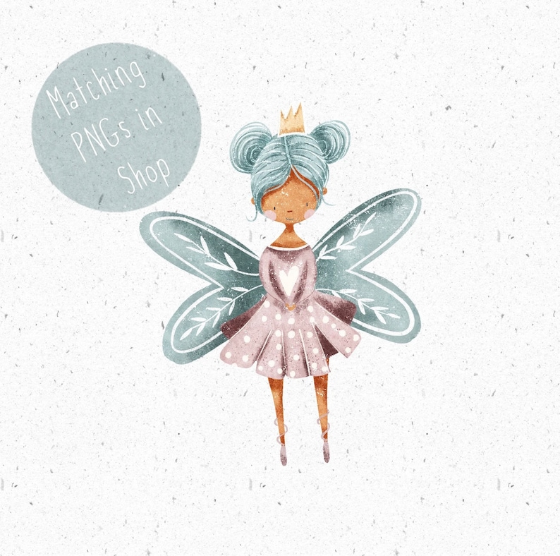 May include: A whimsical illustration of a fairy with blue hair, wearing a pink dress with white polka dots and a gold crown. She has delicate wings with a light blue and green colour scheme and is holding a small white heart.