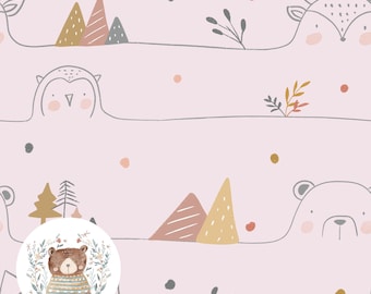 Woodland Seamless Pattern Lines repeating pattern for fabric Forest animals sublimation Woodland Fabric Print Mountains Seamless file Pink