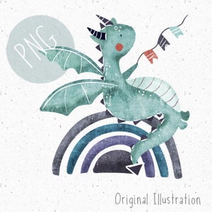 PNG para sublimação Dragão PNG Roupas de bebê menino Clipart de conto de fadas Arco-íris Clipart Mágico png Dragão fofo Gráfico Arco-íris png Arte de cavaleiro