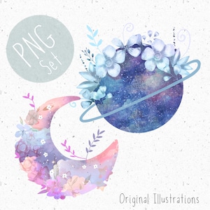 Set of 2 PNGs for Sublimation Moon PNG Planet Clipart Floral moon design Galaxy Clipart Floral png Girls space Clipart Pastel galaxy Baby