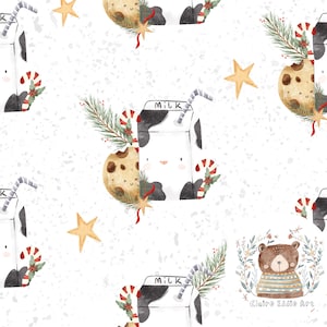 Puede incluir: Un patrón sin costuras que presenta un cartón de leche de dibujos animados con una pajita, una galleta, un bastón de caramelo, una rama de pino y una estrella. El fondo es blanco con una textura moteada. El texto "Milk" está en el cartón. El patrón se repite en toda la imagen.