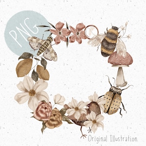 PNG pour sublimation Couronne de fleurs PNG Clipart forêt insecte graphique Couronne de fleurs boho PNG Clipart abeille papillon de nuit PNG Clipart forêt