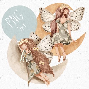 Set of 2 PNGs for Sublimation, PNG Baby Clothing, Fairytale png, Fairy Clipart, Fae Clipart, png woodland fairy, png moon Graphic, space png