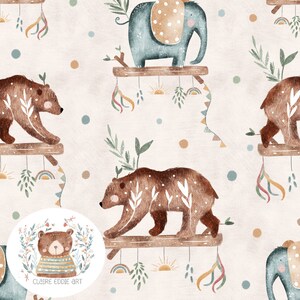 Könnte beinhalten: Ein nahtloses Muster mit braunen Bären, blauen Elefanten und bunten Dekorationen auf cremefarbenem Hintergrund. Die Bären und Elefanten gehen auf Ästen mit Blättern. Die Dekorationen umfassen Regenbögen, Flaggen und Sonnenstrahlen. Das Muster ist perfekt für Stoff, Tapete oder Geschenkpapier.