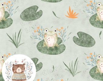May include: A seamless pattern featuring green frogs sitting on lily pads with orange flowers and green leaves on a light green background.