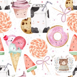 Zoet naadloos patroon Snoep Herhaal patroon voor stof Ijs digitaal papier Cupcake naadloos ontwerp Donut sublimatie voedselpatroon