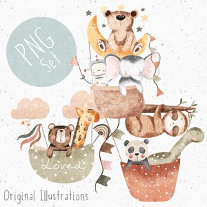 3 PNGs for sublimation New Baby Clipart Set Hot Air Balloon PNG Gender Neutral Clipart Newborn PNG bundle Cute Animal clipart Commercial