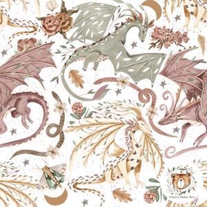 May include: A seamless pattern featuring watercolor illustrations of dragons, flowers, and stars on a white background. The dragons are in various poses, with wings spread and tails curled. The flowers are in shades of pink and purple, and the stars are gold. The pattern is perfect for fabric, wallpaper, or wrapping paper.