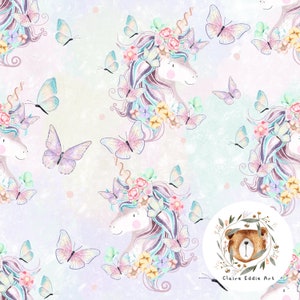 Nahtlose Datei Einhorn Kleines Mädchen Rapportmuster für Stoff Märchen Musterdesign Einhorn thematisches Stoffdesign Schmetterling digitales Papier