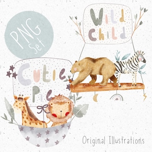 2 PNG para sublimación Wild Child Clipart Bundle Género Neutral PNG Set Safari animal Clipart Woodland png Zebra Graphic Baby Boy PNG Recién nacido