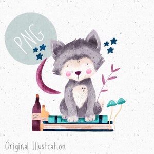 Pode incluir: Uma ilustração em aquarela de um lobo cinza sentado em uma pilha de livros. O lobo tem o nariz rosa e a barriga rosa. Há estrelas e uma lua crescente no fundo.