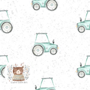 May include: A seamless pattern featuring a watercolor illustration of a green tractor on a white background with a brown bear wearing a striped sweater in the center. The background has a speckled texture.