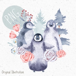 Penguin Sublimation PNG Winter Clipart Cute Penguin Png Festive Clipart Christmas PNG kids Christmas graphic Floral Clipart Fir Trees png