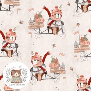 Naadloos patroon Woodland Digital Paper Herfst plakboekpapier Pompoen Herhaalpatroon voor stof Thanksgiving kinderpatroon Beer op fiets Herfst