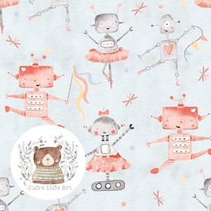 May include: A digital illustration of robots in various poses. The robots are pink, red, and gray with hearts and polka dots. The robots are on a light blue background with stars and confetti. The text "Claire Eddie Art" is in the lower center of the image.