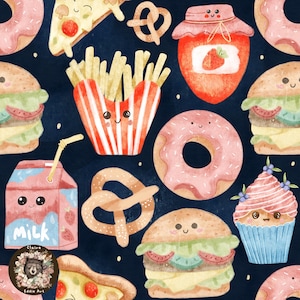 May include: A charming watercolour pattern of food items on a dark blue backdrop. The design includes smiling burgers, donuts, pizza slices, fries, pretzels, a cupcake, and a milk carton. A jar of jam with a strawberry is also present.