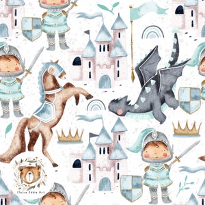 Könnte beinhalten: Ein sich wiederholendes Muster mit Aquarellillustrationen von Rittern, Burgen, Drachen, Pferden und Regenbogen in sanften Pastellfarben. Das Design umfasst Ritter mit Schwertern und Schilden, Burgen mit blauen Türmen und einen grauen Drachen mit blauen Akzenten.