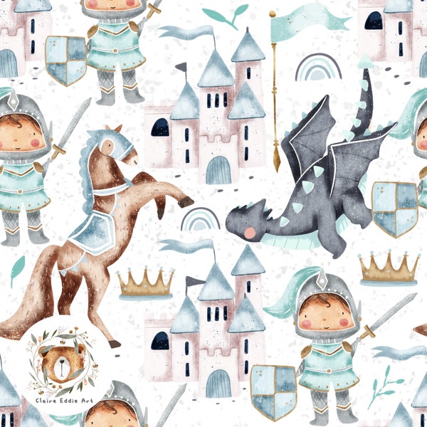 Knight Seamless Pattern Boys dragon repeating pattern for fabric Castle design Fairytale seamless file Medieval pattern boys fabric Prince
