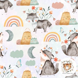 Cute Wolf Seamless Pattern Howling wolf repeating pattern for fabric Moon seamless pattern Celestial repeat design Rainbow seamless pastel