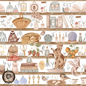 Cottagecore Seamless File Witch pattern for fabric Shelves sublimation books digital papers Forest seamless Girl repeat pattern cat