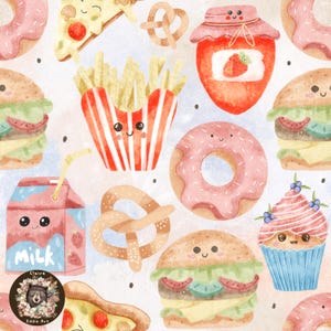 May include: Watercolor illustration of various foods, including a pink donut, hamburger, pizza slice, french fries, pretzel, cupcake, and a carton of milk. The food items have smiling faces and are set against a light blue and white background.
