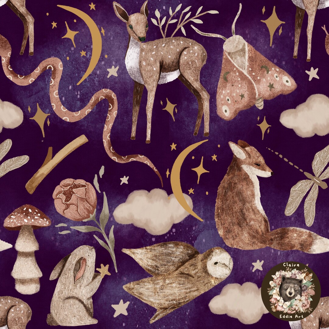Handdrawn Fantasy Seamless Pattern Woodland Seamless Digital Paper Moon ...
