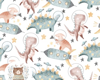 May include: A seamless pattern featuring a whimsical design of dinosaurs in space. The pattern includes brown and pink dinosaurs wearing astronaut helmets, blue and green dinosaurs with stars on their backs, and rockets with yellow flames. The background is white with scattered stars.