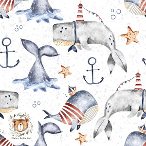 Nautical Seamless Pattern Whale Digital Paper Blue Whale Repeat Pattern for fabric Anchor Seamless File Baby Sublimation Ocean seamless