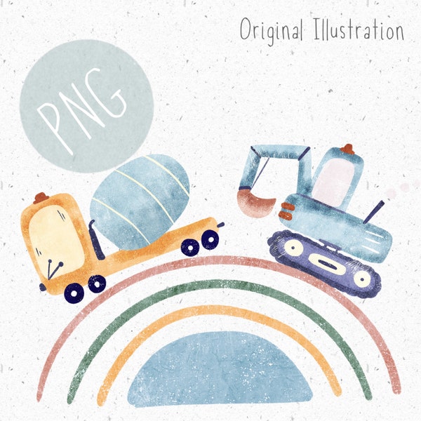 Construction Vehicle PNG for Sublimation Cute Construction Clipart Excavator PNG Digger Graphic Cement Mixer Download Boys Clipart Rainbow