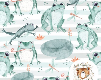May include: Watercolor illustration featuring a pattern of green frogs, dragonflies, lily pads, and small orange flowers on a striped background. The frogs have white bellies and are in various poses. The artwork is whimsical and nature-themed.