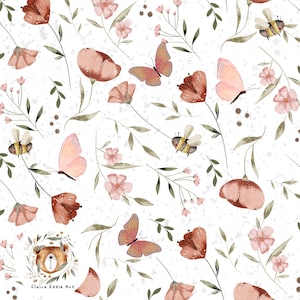 Padrão floral sem costura, papel digital de flores silvestres, design floral de verão, padrão de repetição de primavera para tecido, flor rosa, download de borboleta, bebê