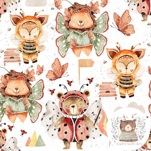 Può includere: Uno schema senza cuciture con illustrazioni ad acquerello di animali carini vestiti da insetti. Gli animali includono un cervo, un orso e un leone. Gli insetti includono un'ape, una coccinella e una farfalla. Lo schema è su uno sfondo bianco con una texture leggermente punteggiata.