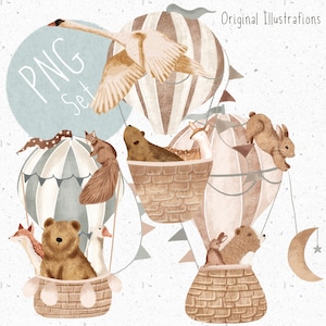 3 PNGs for sublimation New Baby Clipart Set Hot Air Balloon PNG Gender Neutral Clipart Newborn PNG bundle Woodland Animal clipart Commercial