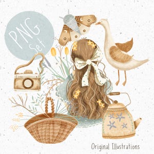 Set di 6 PNG per sublimazione Cottagecore Clipart Carino cottage estetico PNG Set Bambina Clipart Morbido png Oca Clipart Falena png Bollitore