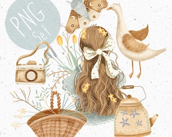 Conjunto de 6 PNG para sublimación Cottagecore Clipart Lindo conjunto de PNG de estética de cabaña Niña clipart Suave png Ganso clipart Polilla png Hervidor