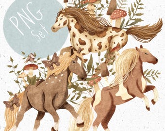 May include: A set of three watercolor illustrations of horses in a forest setting. The horses are brown and white with spots and have flowing manes. The background features green leaves, brown mushrooms, and butterflies.