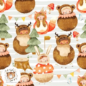 Joli costume, modèle sans couture pour tissu ours, animaux de la forêt, motif répétitif, Halloween, renard, fichier sans couture, cerf, mignon