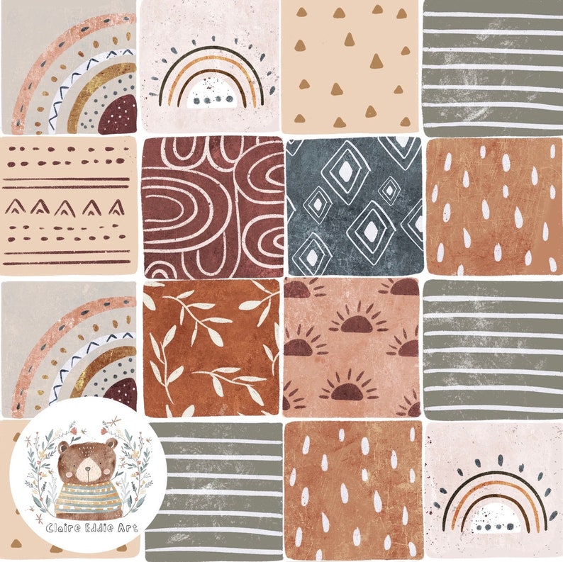 May include: A digital collage of various patterns and designs in shades of brown, beige, and gray. The collage features a bear wearing a striped sweater, rainbows, suns, and geometric shapes.