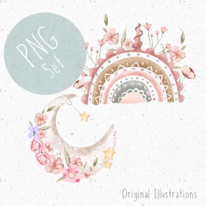 2 PNGs for sublimation Space Clipart Floral PNG Set Girls Clipart Boho Rainbow PNG Crescent Moon Clipart Baby Girl PNG bundle Pink Rainbow