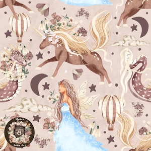May include: A seamless pattern featuring a whimsical watercolor illustration of a unicorn, a fairy, hot air balloons, clouds, stars, and flowers on a light pink background. The unicorn is brown with a white horn and mane, and the fairy is wearing a light blue dress with wings. The hot air balloons are striped in brown and white.