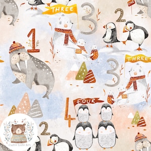 Könnte beinhalten: Eine Aquarell-Illustration mit verschiedenen arktischen Tieren, darunter Pinguine, Eisbären, Walrosse und ein Bär. Die Illustration ist vor einem Hintergrund aus Bergen, Schnee und Eis platziert. Die Zahlen eins bis vier sind in der Illustration enthalten.