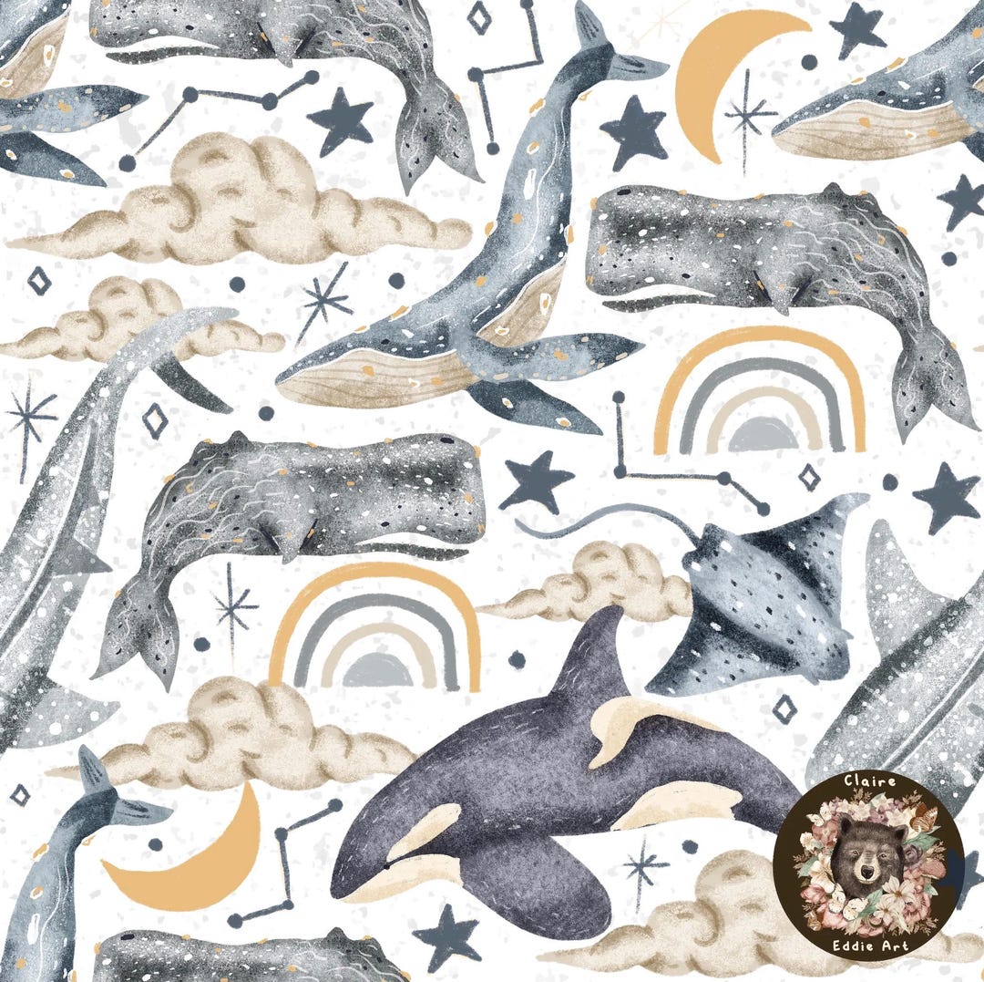 Nautical Seamless Pattern Whale Digital Paper Blue Whale Repeat Pattern ...