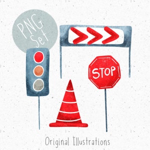 Set van 4 PNG's voor sublimatie constructie clipart verkeerslichten PNG verkeerscontrole download stopbord clipart voor jongens bouwplaats PNG