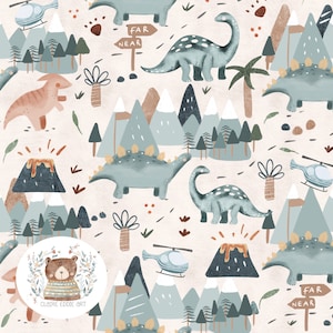 Modello senza cuciture di dinosauri. Modello preistorico senza cuciture di dinosauri neutri. Modello ripetuto per tessuto. Modello senza cuciture di dinosauri. Modello per bambini di Vulcano.