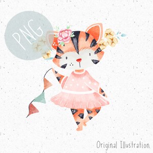 May include: A watercolour illustration of a cute tiger wearing a pink dress with white polka dots and a flower crown. The tiger is holding a colourful string of flags.