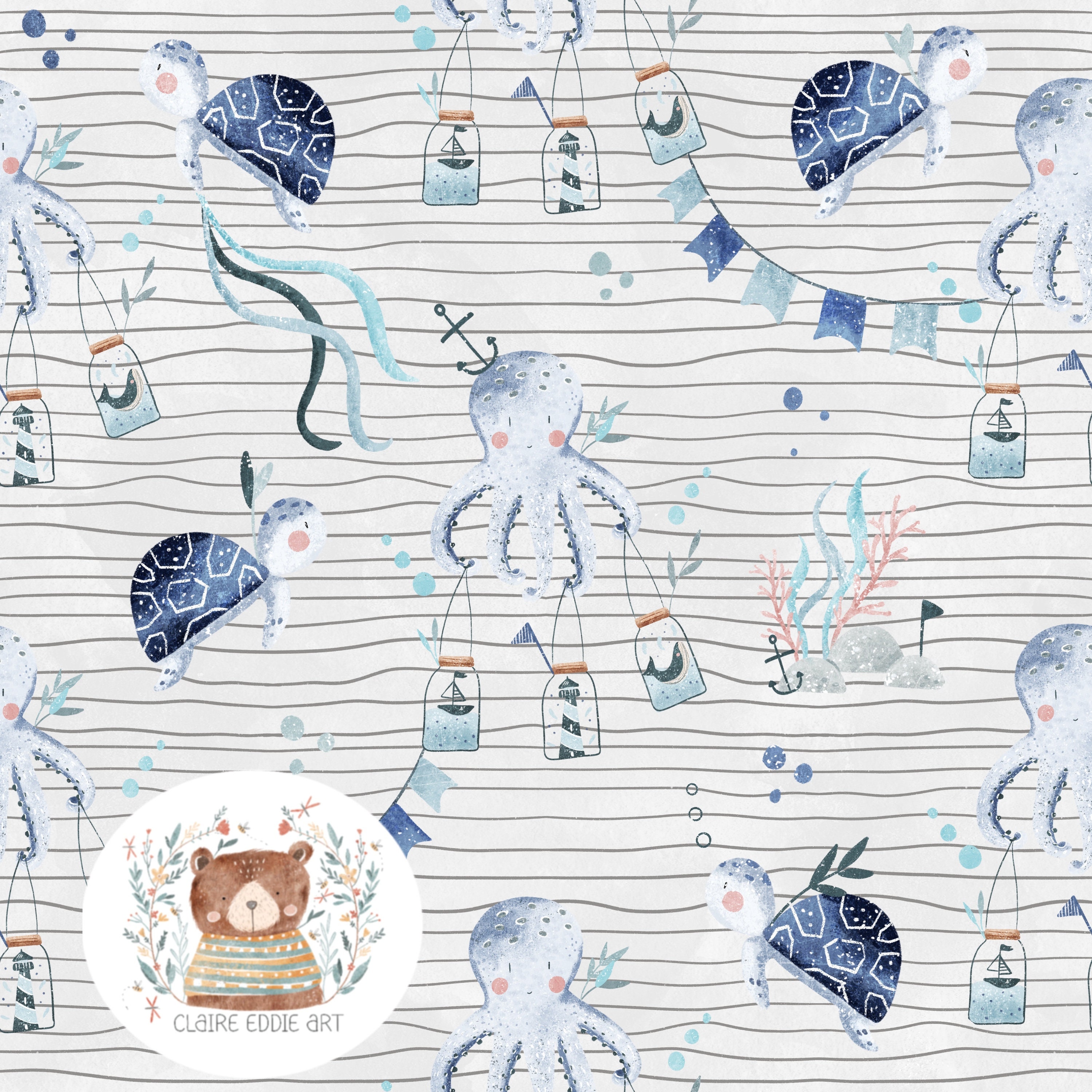 Sea Turtle Seamless Pattern Cute Octopus Digital Paper Underwater ...